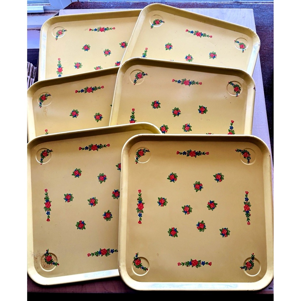 Vtg Metal Serving Tray LOT of 6 Yellow Pink Roses 11 x 11 Cottage Grannycore